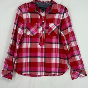 Tommy Hilfiger Womens Small 1/2 Zip Popover Shirt Red Pink Plaid Cotton Long Slv